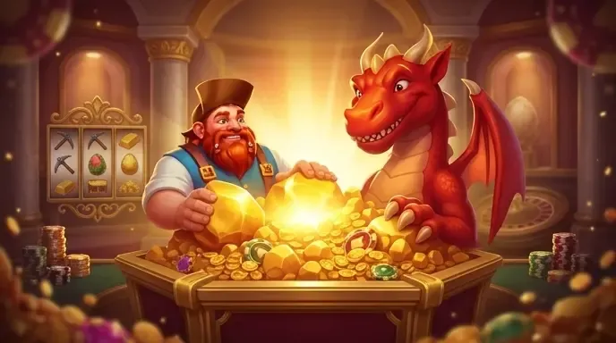 777.webpDragonia Casino – drago rosso e minatore con monete d'oro e jackpot 777