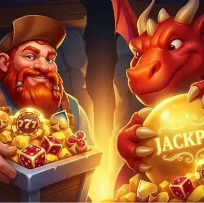 Minatore e drago rosso con monete d'oro e slot su Dragonia Casino